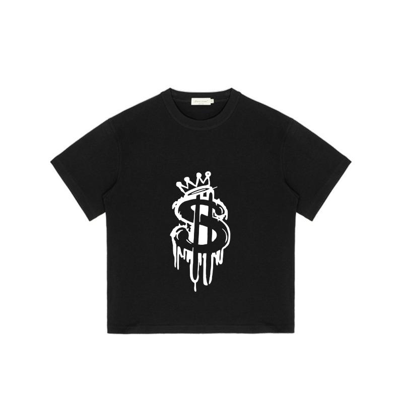 Black Oversized T-Shirt with White Dollar Sign Crown and Drip Design for Streetwear Fashion