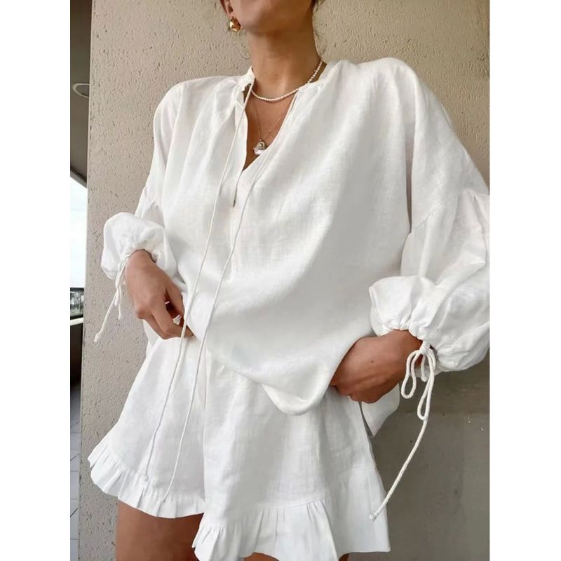 V-neck Lantern Sleeve Shorts Two-piecesetV Collar Lantern Sleeve Shorts Two-piece Set