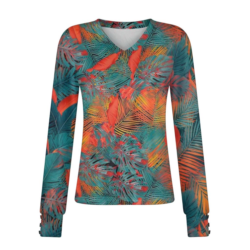 Damenoberteile Langarmmanschetten Button-Up-Hemd V-Ausschnitt Lässiges Lockeres T-Shirt Blumenoberteile