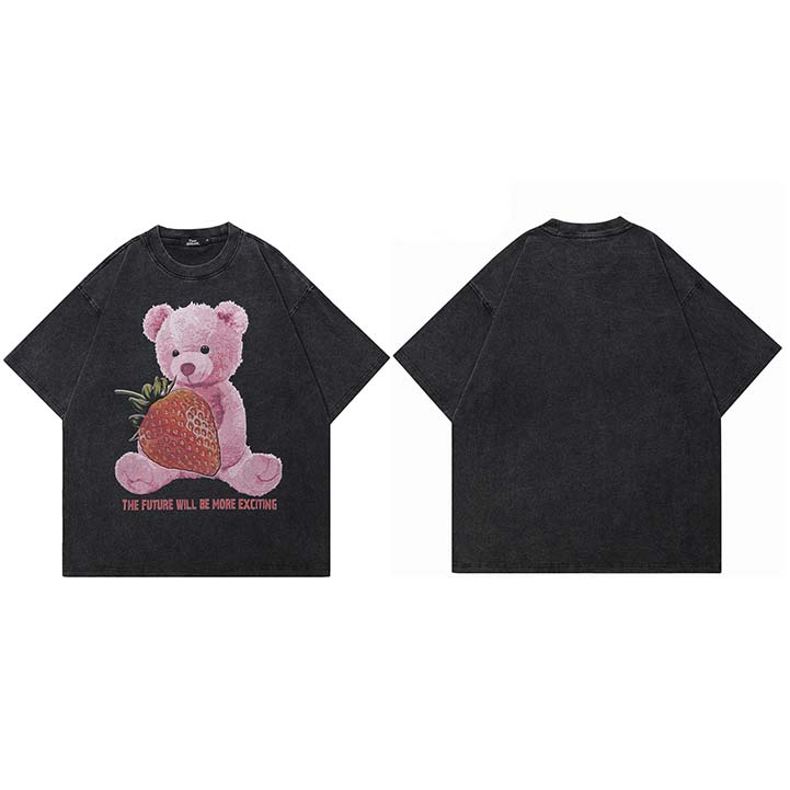 

Summer Hip Hop Streetwear Washed Black TShirt Strawberry Bear Graphic Shirt Cotton Unisex Tshirt Men Tops Tees Vintage S