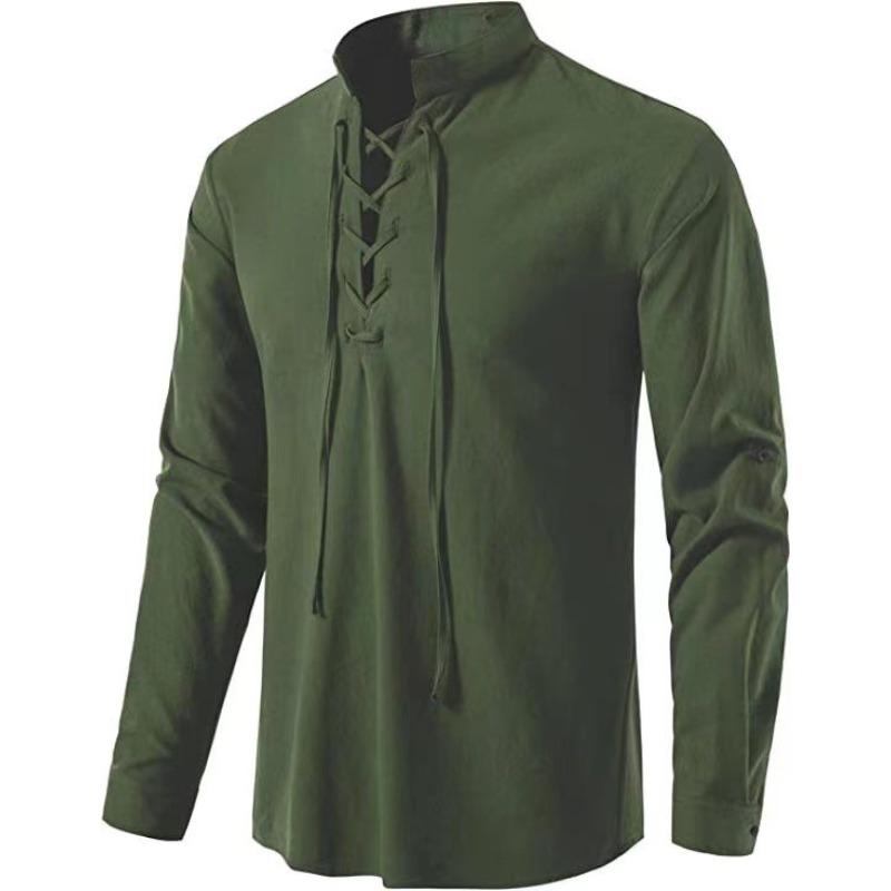 New Men's Cotton Henley Shirt Hippie Casual Beach Stand-Up Neck Long Sleeve Shirt A275