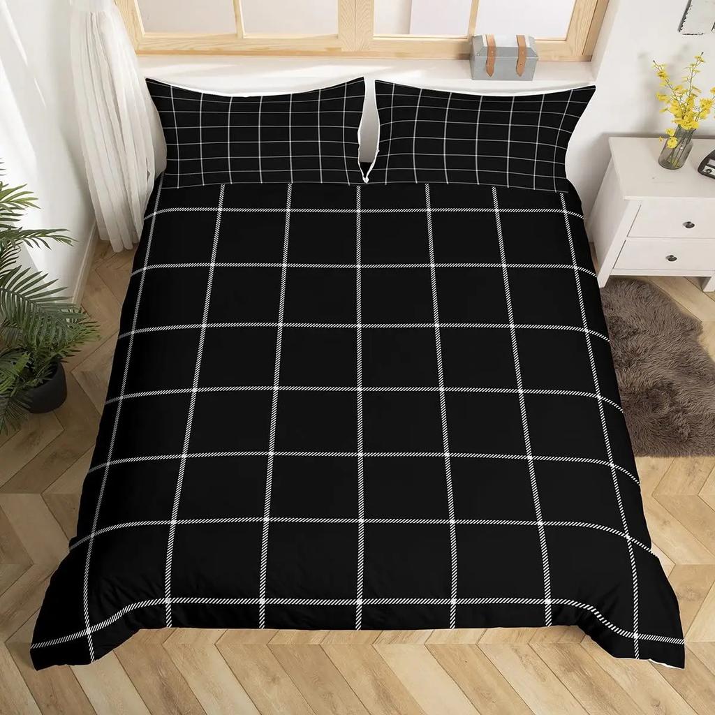 3D Nordic Style Black and White Grid Cute Animal Duvet Cover King Size Polyester Quilt Cover Pillowcases for Home Bedroom Decor
