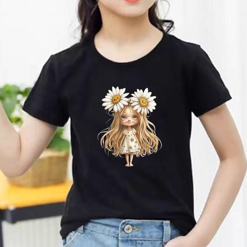 Kids Cotton T Shirt White Daisy Girl Print Crew Neck Short Sleeve Tee Casual Breathable Boys Girls Summer Tops