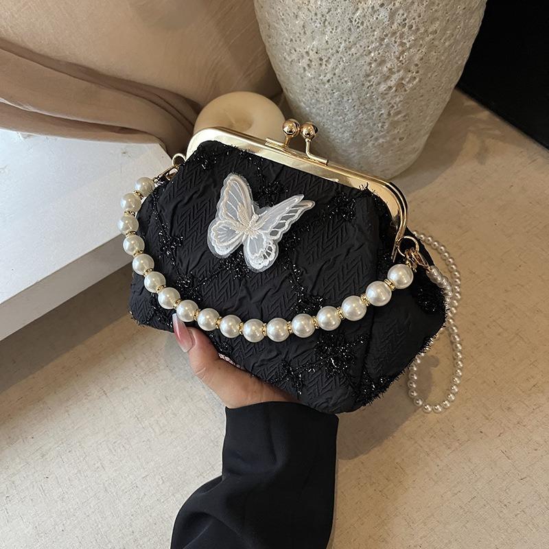 Embroidery Small Bag Women's Summer New Fashion Pearl Chain Mouth Gold Bag Versatile Messenger Bag