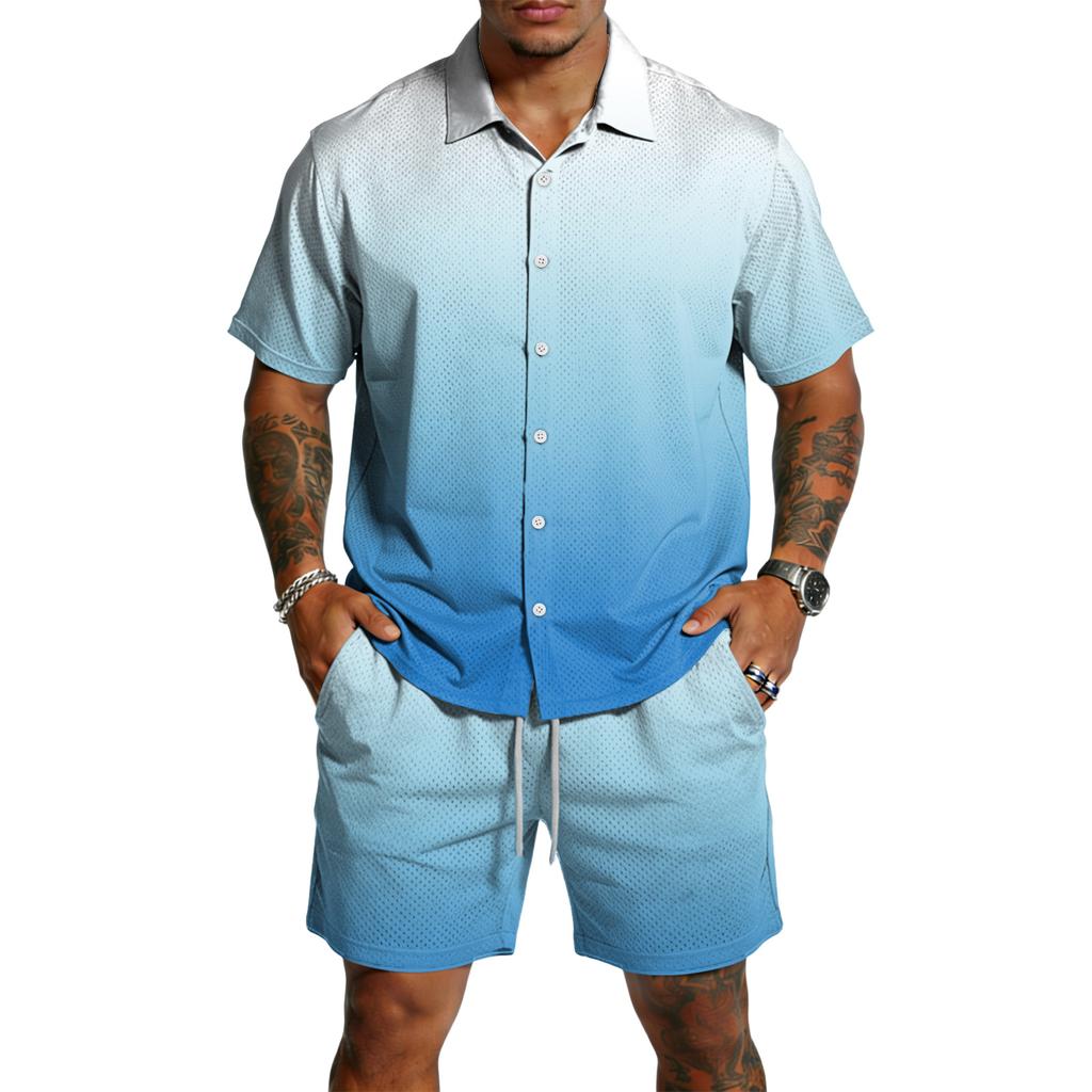 Men's Casual Short Sleeve Button Down Shirt and Drawstring Shorts Set Lightweight Breathable Summer Outfit with Gradient Design