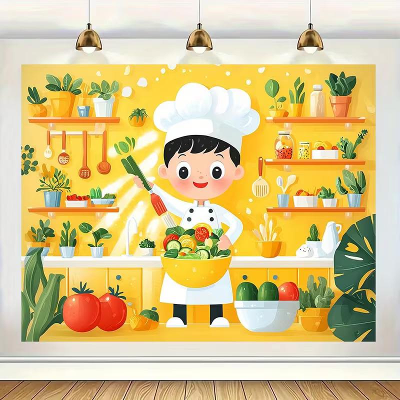 

2D Cartoon Little Chef Banner Kid Preparing Salad in Kitchen Cooking Themed Birthday Party Photo Prop 47.2x31.5inch/120*80cm