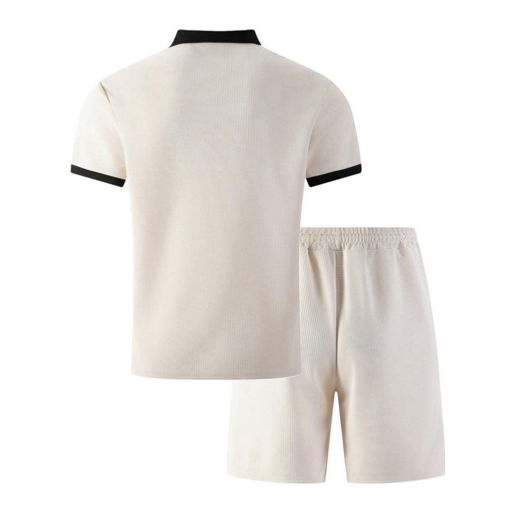 Men's Summer Casual Color-Blocked Shirt With Lapel And Pockets And Half-Zip, Shorts Two-Piece Set