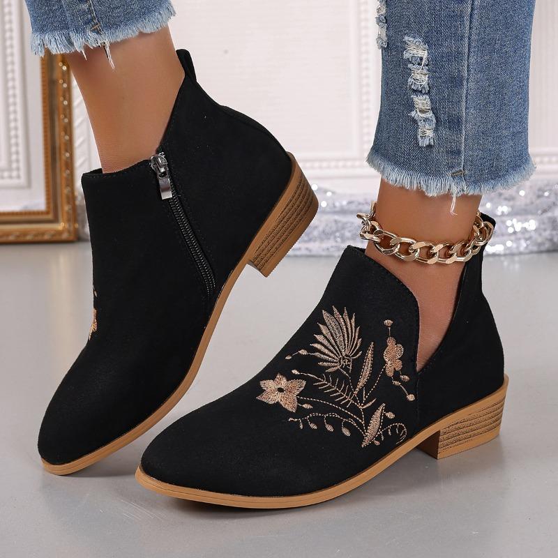 2024 Autumn New Fashion Square Heel Embroidery Women's Boots Casual Versatile Naked Boots Concise Pointed Toe Women's Shoes