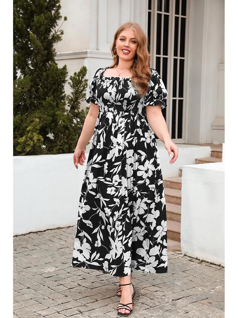 Bohemian Plus Size Printed Casual Vacation Dress - French Elegance, Mid-Length