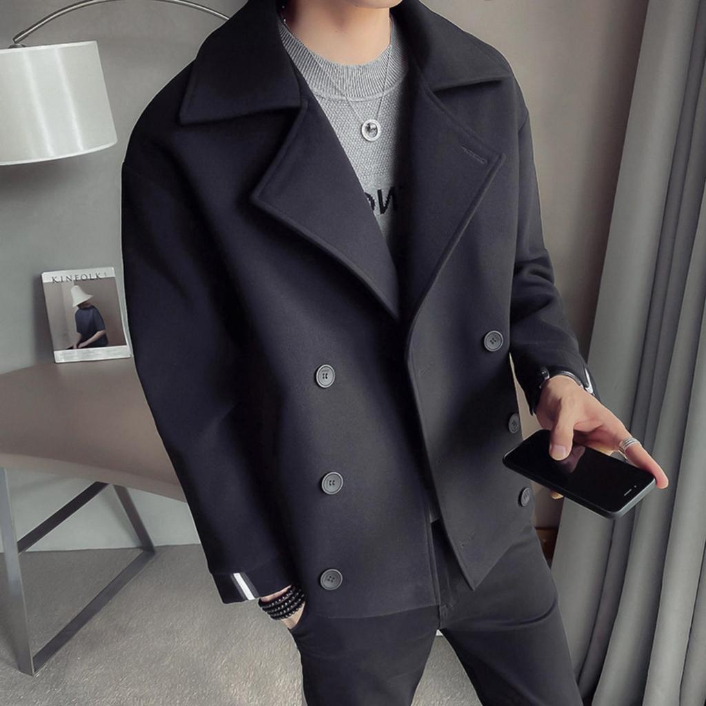 Men's Short Trench Coat, Casual And Warm Woolen Overcoat