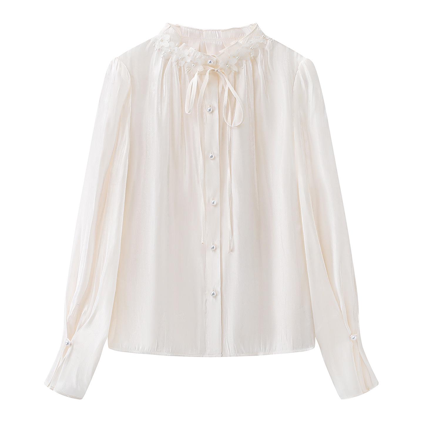 2026 Spring Women s Bell Sleeve Floral Pearl Shirt with French Stand Collar Small слоновая кость