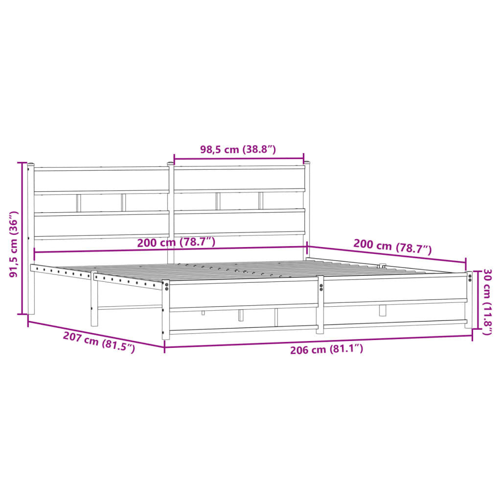 Metal Bed Frame Without Mattress Smoked Oak Finish 200x200 Cm