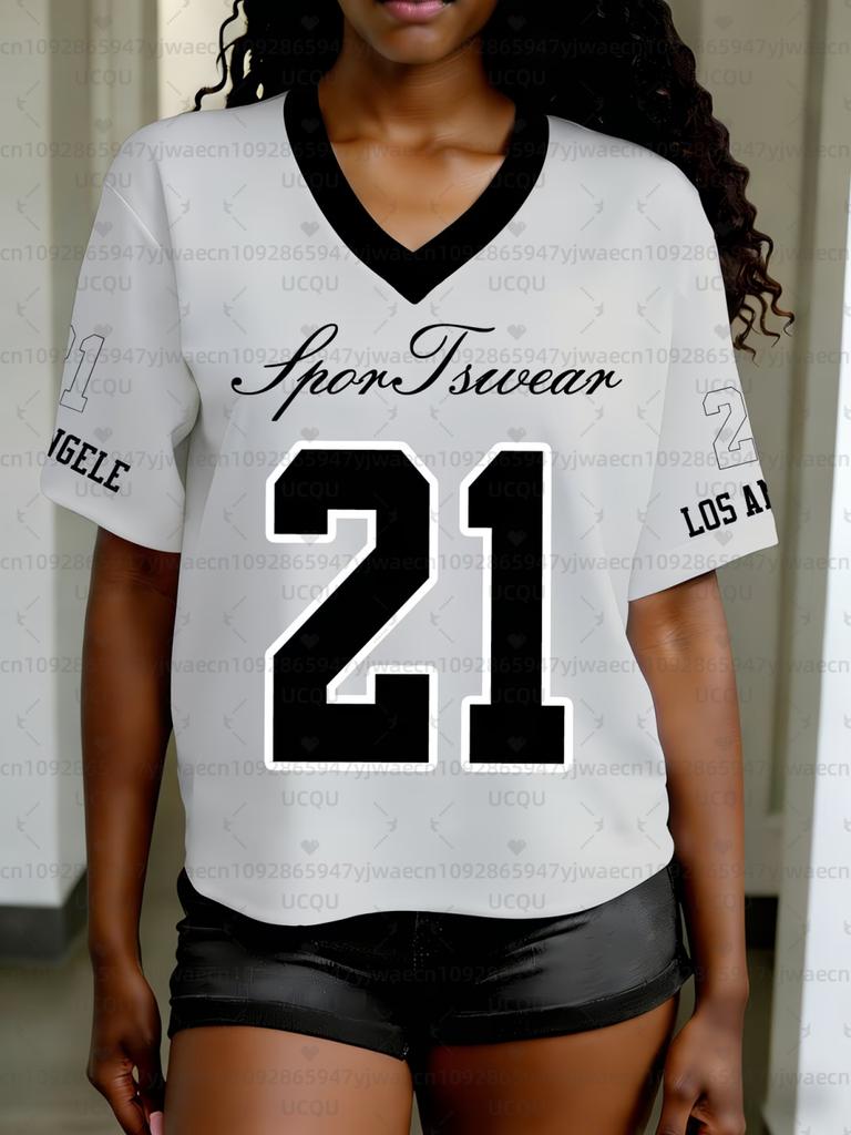 Women's NO.02 Print V-Neck Short Sleeve Casual T-Shirt Summer Graphic Tee Jerseys Plus Size Sport T-Shirt