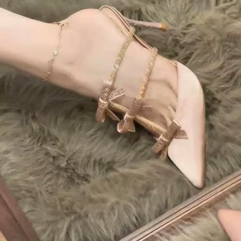 Summer Baotou Slippers Women's Fashion Pointy Shallow Cut Hollow-out Sequin Butterfly Knot Foot Non-slip Heels