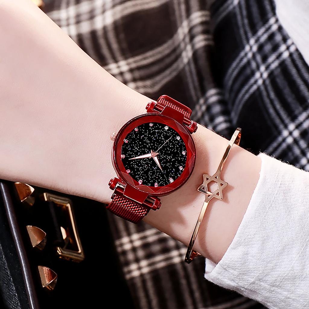 Women Round Bracelet Watch Starry Sky Analog Quartz Wristwatch with Clear Dial for Outside Office Business Meeting