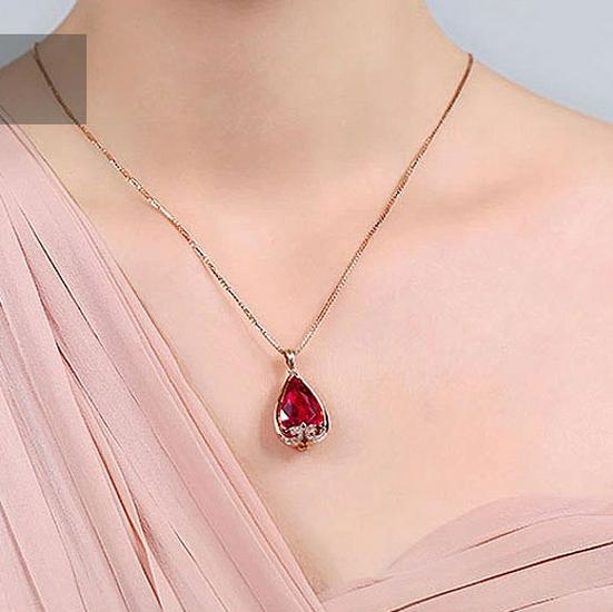 Teardrop Imitation Pigeon Blood Red Tourmaline Rose Gold Pendant Necklace