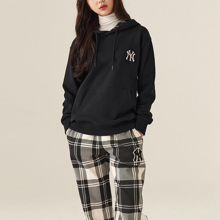 MLB Basic Logo New York Yankees Logo Print Plaid Lined Hoodie Unisex hoodies Black 3AHDC0114-50BKS