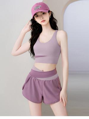 Contrasting Color I-shaped Back Sports Women's Shock-proof Beauty Back Yoga Vest Fake Two-piece Anti-light Shorts Fitness Two-piece Set Summer