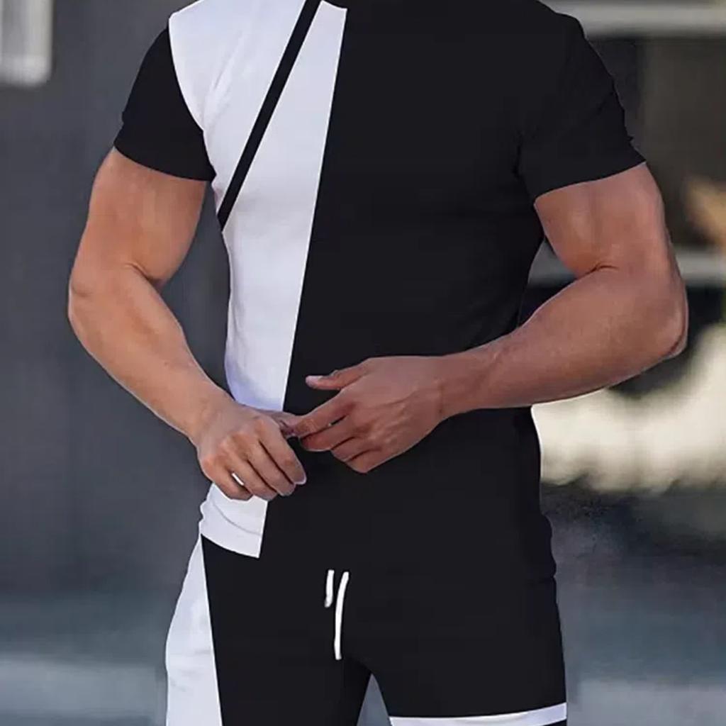 Patchwork Printing Mens 2 Pieces Casual Fashion T-shirt Set Workout Tracksuit Shirt And Shorts Set Sport Summer Outfit Sets