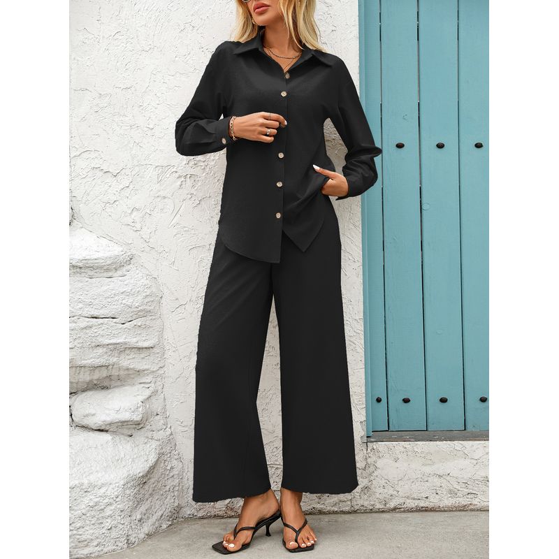 Fashion Fall Lapels Single Breasted Solid Color Loose Long Sleeves Cardigan Shirt Elastic Waist Pants Casual Two-Piece Suit