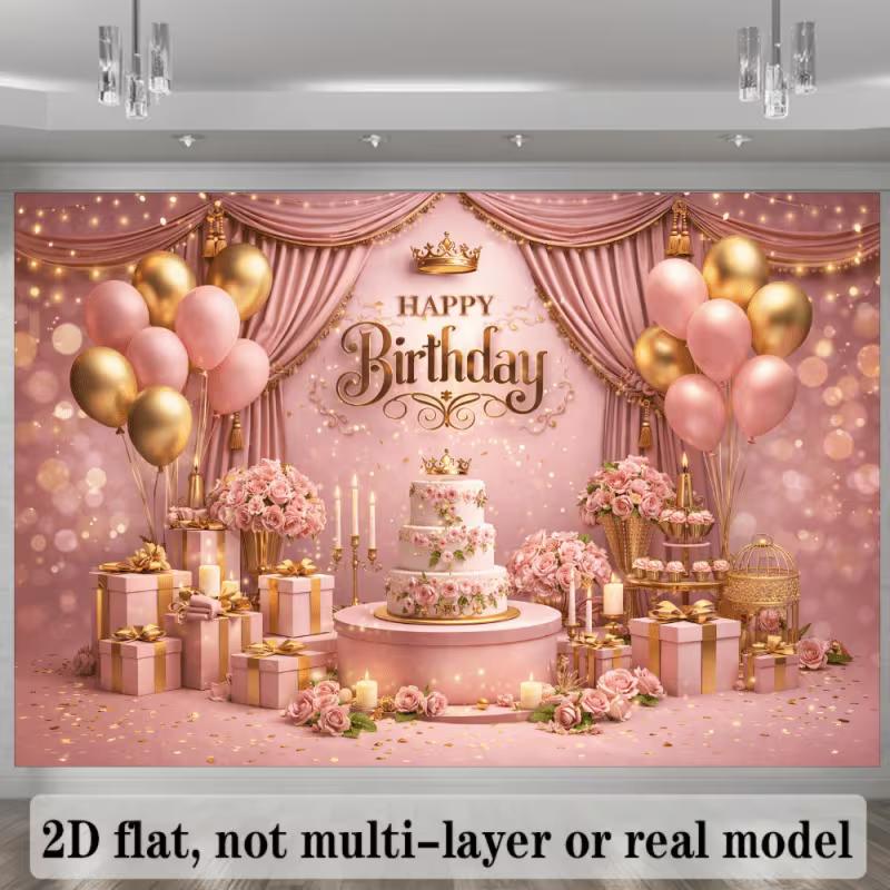 2D Pink Gold Happy Birthday Backdrop Banner Photography Background Party Decor