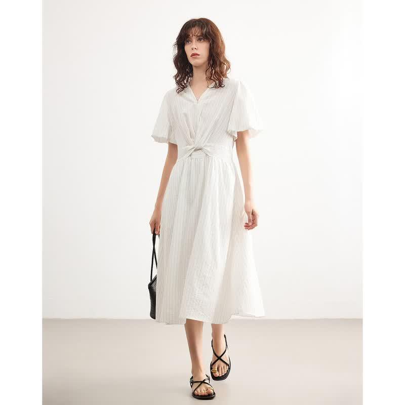 Demana Summer Breathable Striped V-Neck Waist-Knot Midi Dress