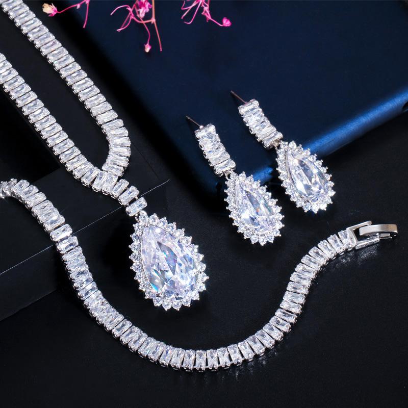 T0167 Exclusive Bridal Accessories Water Drop Zircon Necklace Earrings Bracelet Three Sets