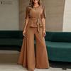 ZANZEA Women Hollow Half Sleeve Blouse and Wide Leg Pants Casual Two Piece Suit Sets