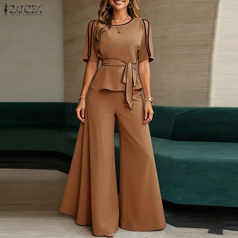 ZANZEA Women Hollow Half Sleeve Blouse and Wide Leg Pants Casual Two Piece Suit Sets