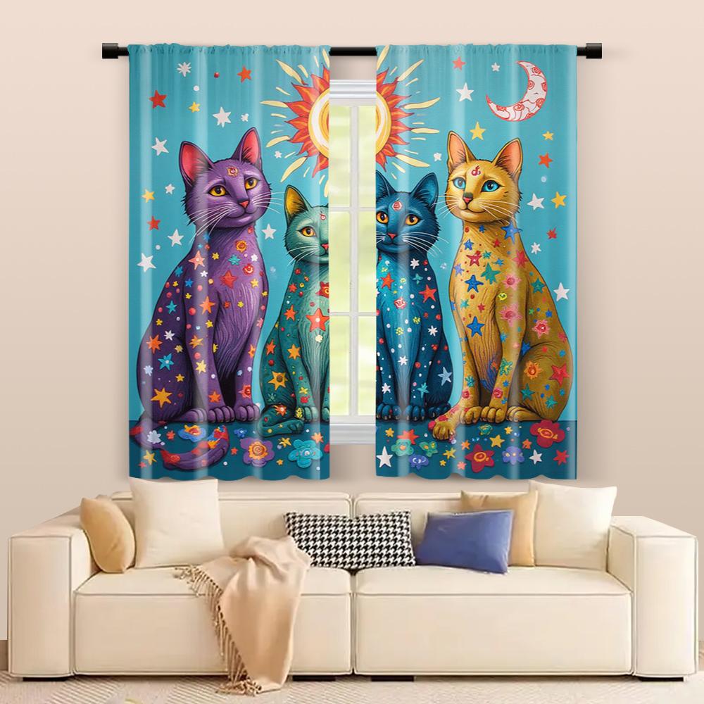 Set Of 2 Filtering Curtains Excluding Rods Non Movable Without Batteries Style Sun Moon Cats Use Bohemian Made Polyester