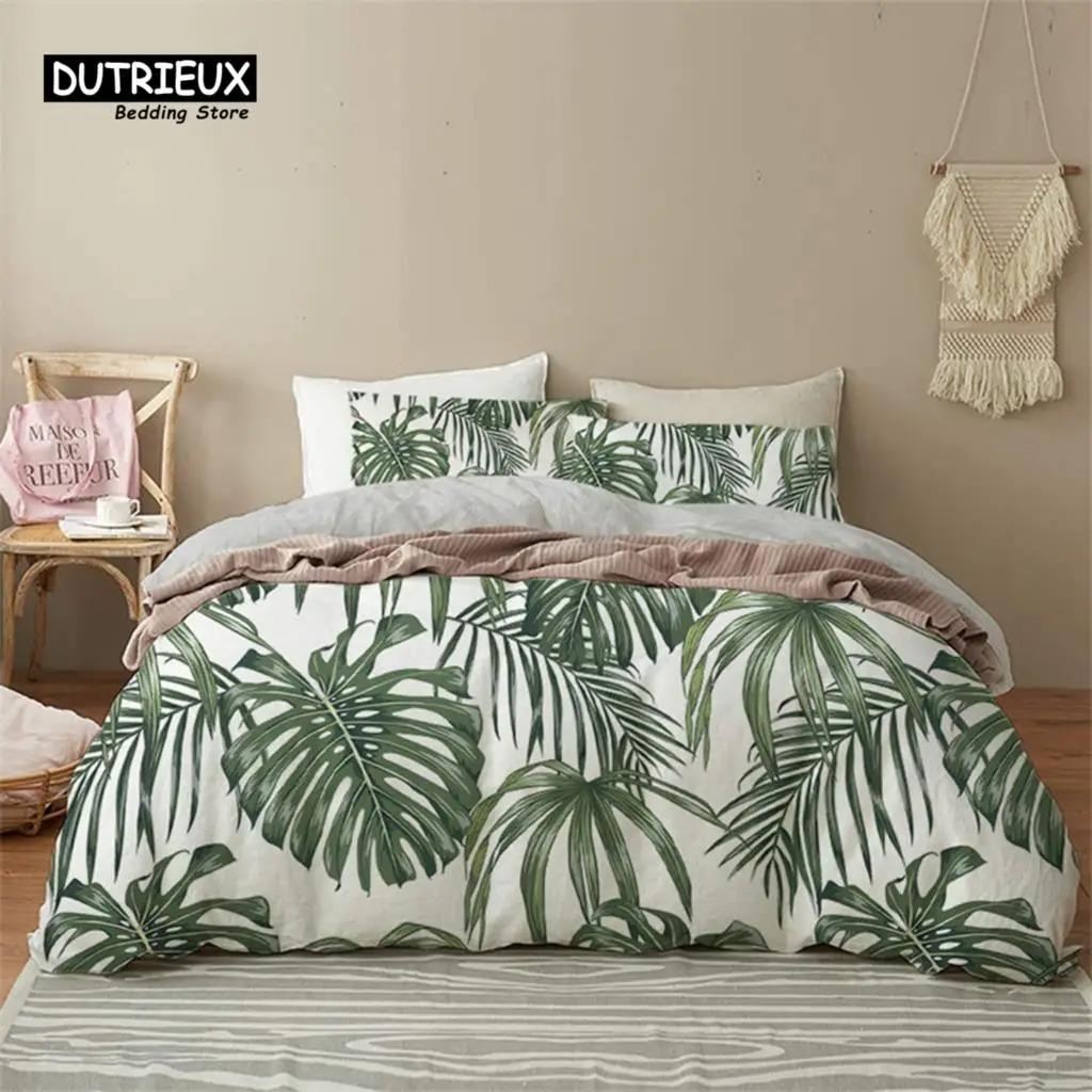 Green Palm Leaf Floral Bedding Set Tropical Leaves Flowers Animals Duvet Cover Microfiber Comforter Cover For Adults Kids Decor