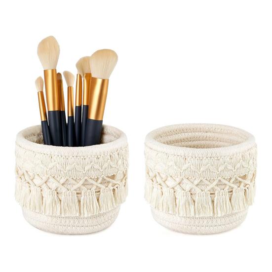 Boho Makeup Brush Holder Knotted Cord Tabletop Organizer with Tassels Handmade Circular Woven Basket for Office Desk Home Bedroom Dresser