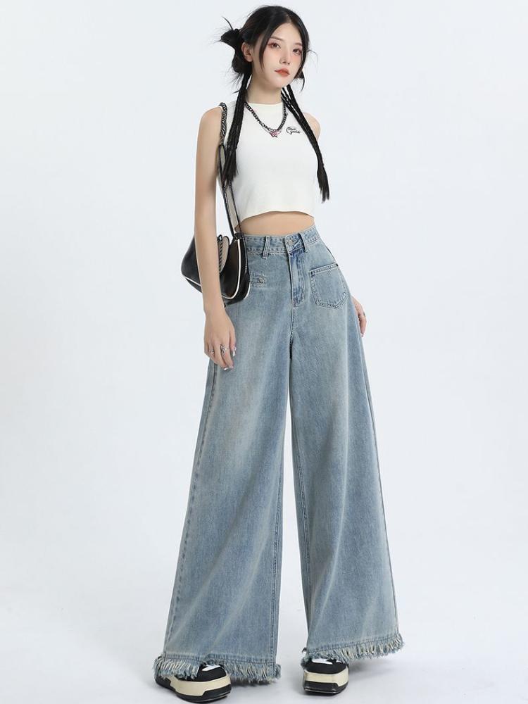 American Retro Super Wide-leg Jeans, dámské nové, s vysokým pasem, zeštíhlující design, světlé kalhoty s rozšířeným vzorem