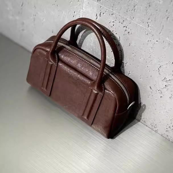 Women s Crossbody Leather Handbag, Tanned Cowhide Vintage Boston Bag, Bowling Bag, Shoulder Bag чёрный