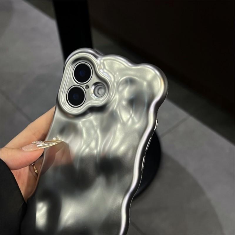 Luxury Glossy Reflective Tinfoil Wave Pattern Case For iPhone 16 Plus 15 14 13 12 Pro Max 11 3D Curved Bright Plating Cover