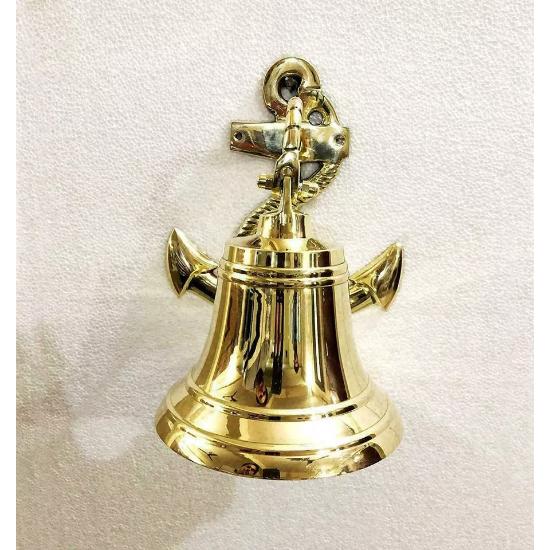 Brass Wall Hanging Ship Bell Antique Nautical Brass Anchor Door Bell Decor, 6" Inches Wall Hanging Indoor Brass Bell