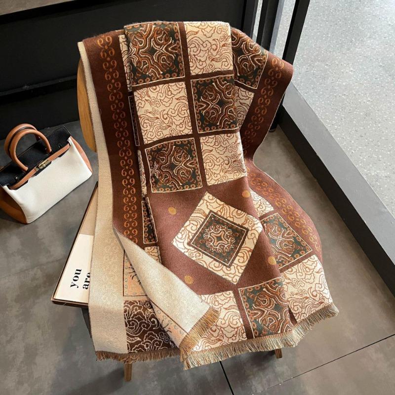 Imitation cashmere scarf women's autumn and winter new retro totem shawl thickened warm loose beard scarf