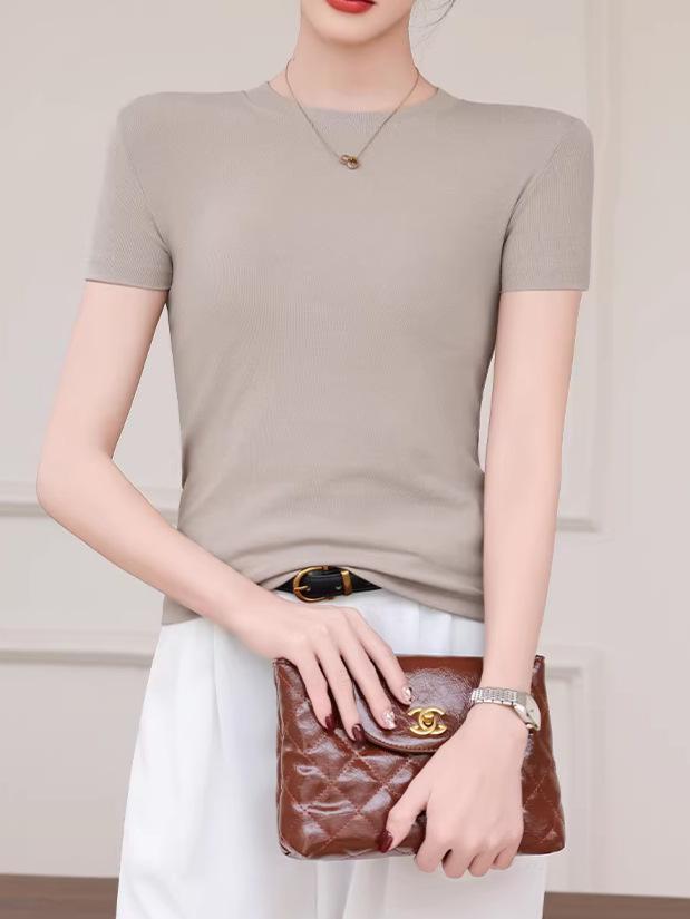 Women's Slimming Round Neck Short Sleeve T-shirt - Versatile, Breathable Solid Color for Spring/Summer