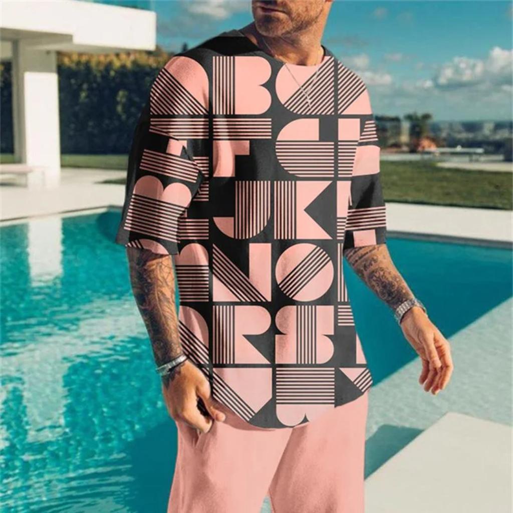 Summer Men's Oversized T-shirt Short-sleeved Sportswear Set White Black Crewneck Lion Print Fashion Comfortable Clothing