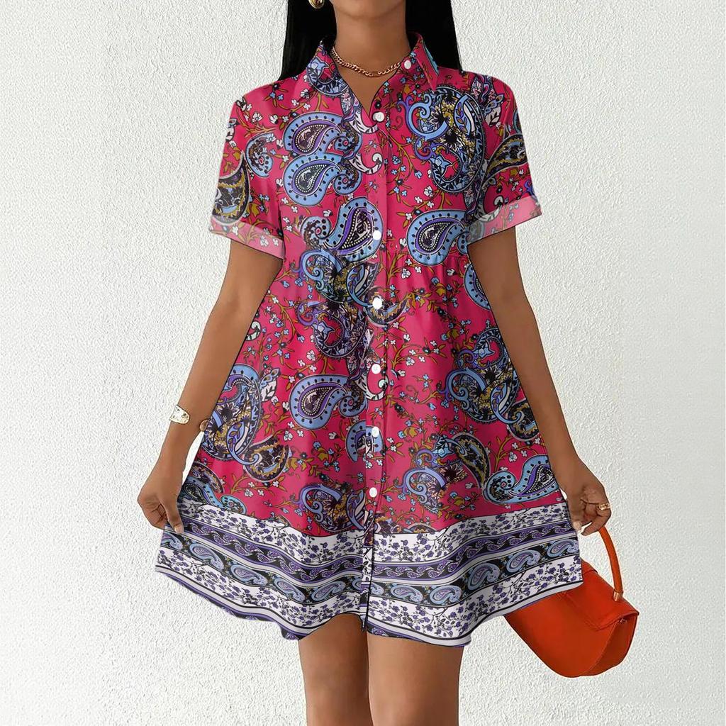 Women's Casual Loose Fit Shirt Dress Button Front Short Sleeve Collar Dress with Floral Print and Border Pattern Suitable for Daily Wear
