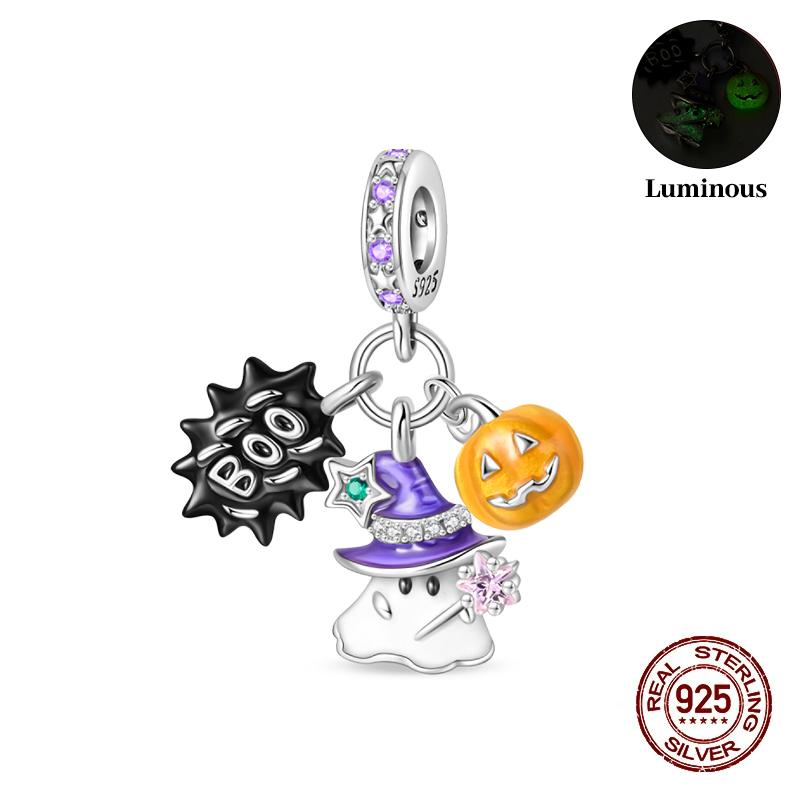 New 925 Silver Luminous Halloween Skull Witch Pumpkin Candy Charms Beads Fit 3mm Original Bracelets Party Jewelry