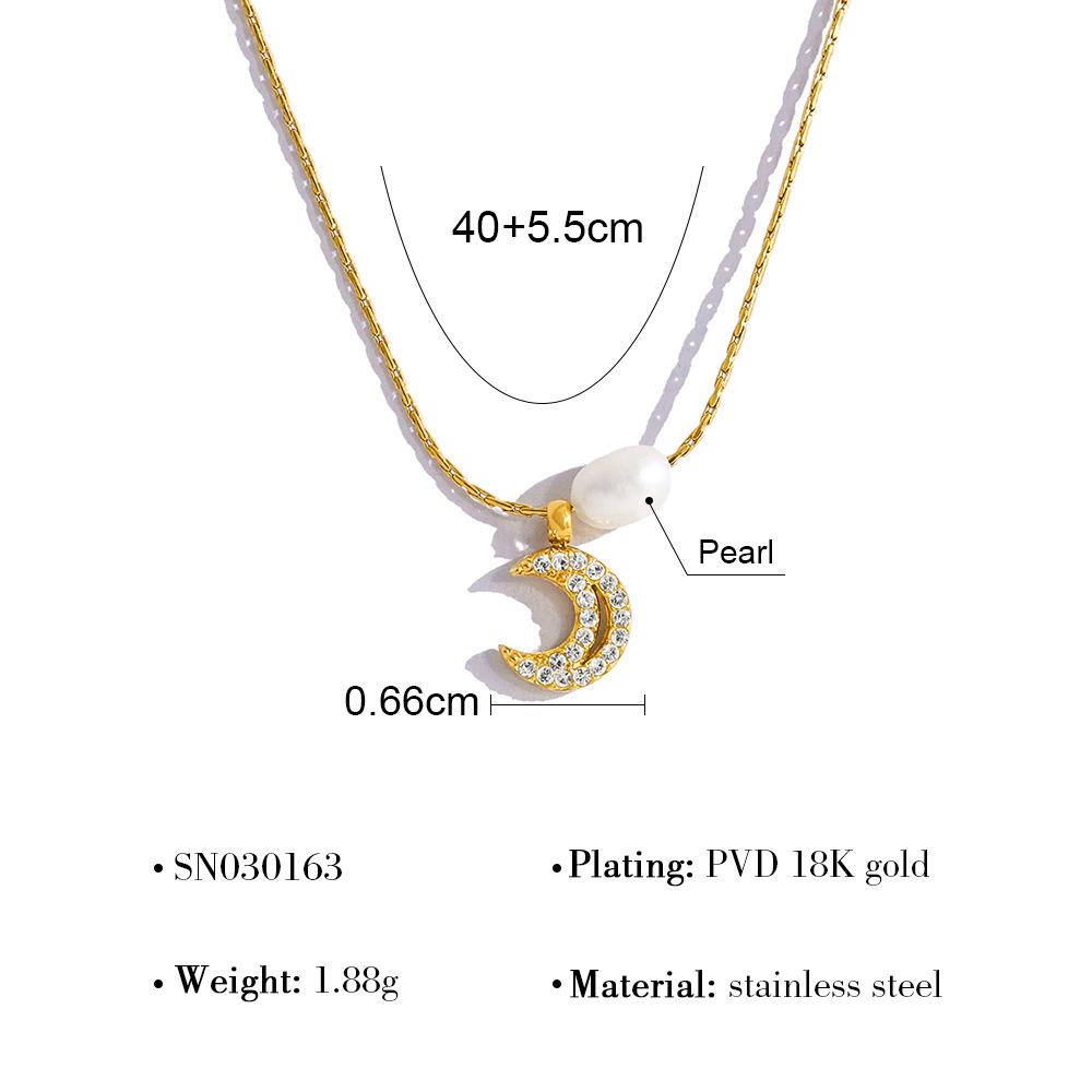 French Elegance Natural Freshwater Pearl Bracelet with Titanium Steel Moon Full Diamond Pendant Collarbone Necklace Set