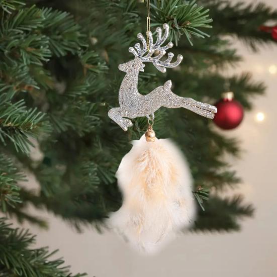 Christmas Tree Ornament Snowflake Plush Pendant Hanging Xmas Pendant with Feather Elements Sequins Bells Winter New Year Party Decor