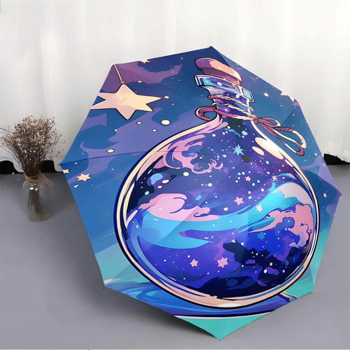 

Automatic Folding Umbrella The umbrella features a large potion bottle filled with a starry night sky. Portable collapsible de (as the picture,Iron&8K)