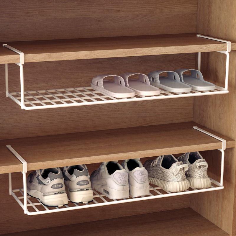 Retractable Shoe Cabinet with Dividers and Foldable Bracket - Space-Saving Storage Rack with Under-Hanging Baskets.