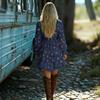 Women's Retro V-Neck Long Sleeve Floral A-Line Short Dress with Fitted Waist