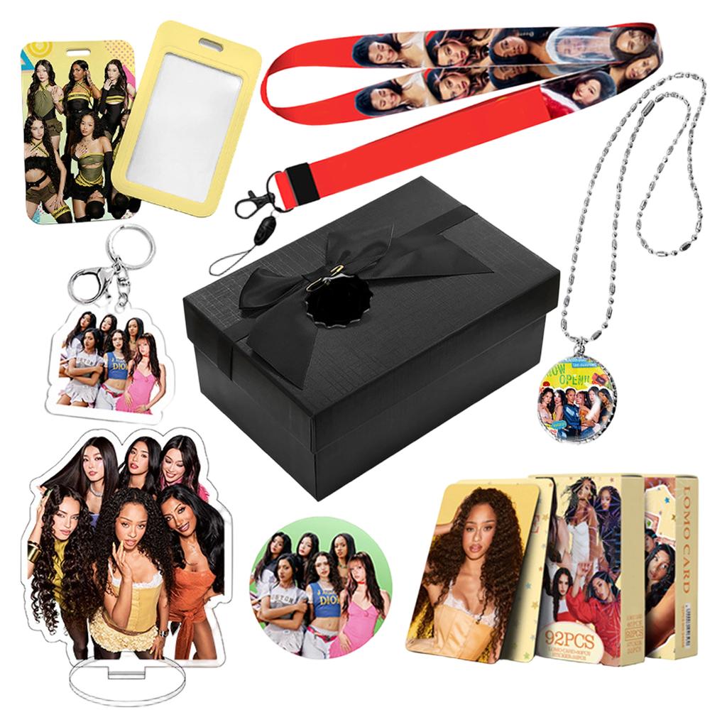 KATSEYE Group Gift Box Set Eight Pieces Chain Necklace Card Stickers Card Holder Stationery Set Includes Keychain Lanyard and Display Stand