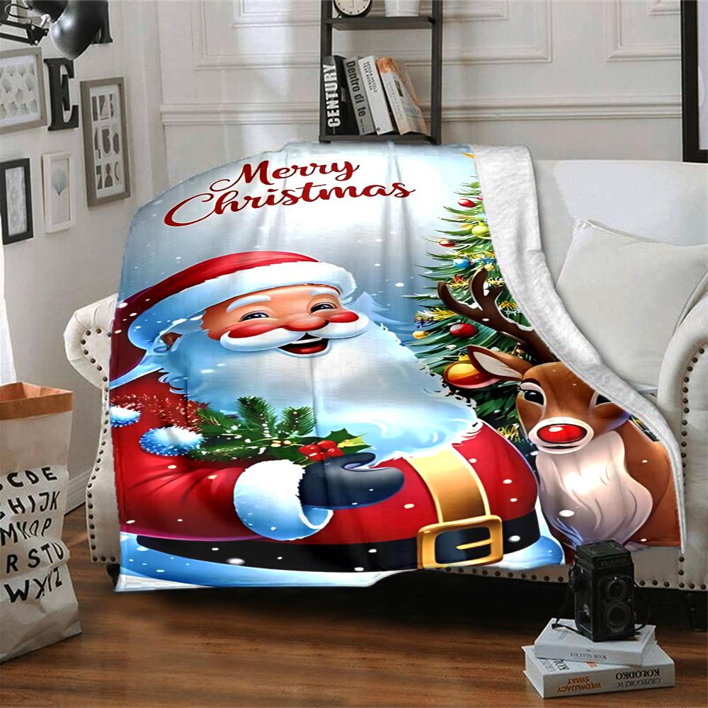 1Pc Christmas Santa Reindeer Flannel Blanket, Soft And Comfortable, Casual Warm, Camping Travel, Christmas, Halloween Xmas Gift. G1125