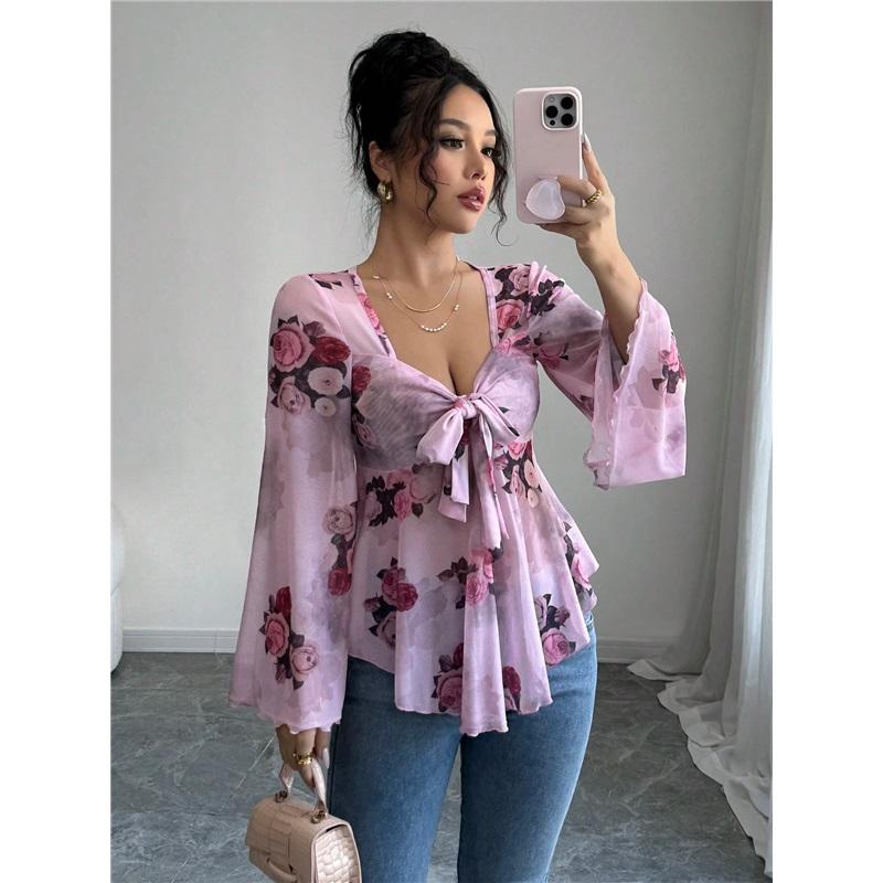 Women's Floral Print Bell Sleeve Peplum Top V Neck Tie Front Blouse
