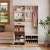 Wandgarderobe, Garderobenset für den Flur mit Schuhbank, Garderobenset mit 4 Kleiderhaken, 1 Schublade und 2 Türen, Natur, B108,5 x T35 x H180 cm